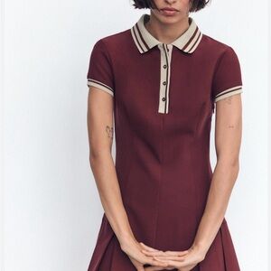 ZARA Women’s Pleated Burgundy Dress Size L | Structured Fit & Flare Maroon